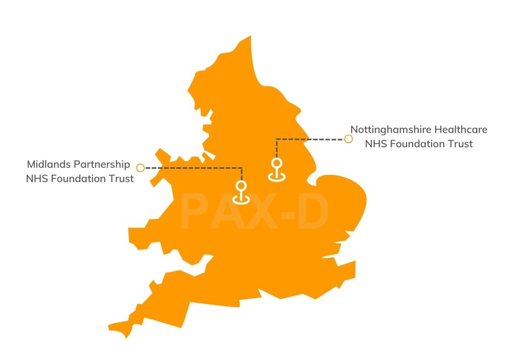 A map showing the location of the final two PAX-D Centres, Midlands Partnership NHS Foundation Trust and Nottinghamshire Healthcare NHS Foundation Trust
