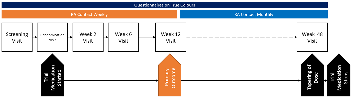 A schematic representation of the PAX-D trial. There are 6 study visits in total over 48 weeks